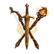 Aetherra crest: a crossed sword, bow and staff