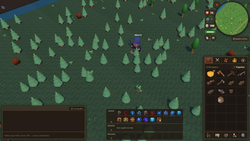 Personagem de armadura de mithril cortando lenha na Floresta de Eldor, com a mochila e as barras rápidas na tela