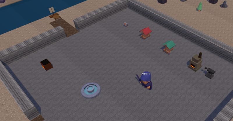 The city of Sahr: a stone wall in the desert, a pier with a boat, a market and a forge